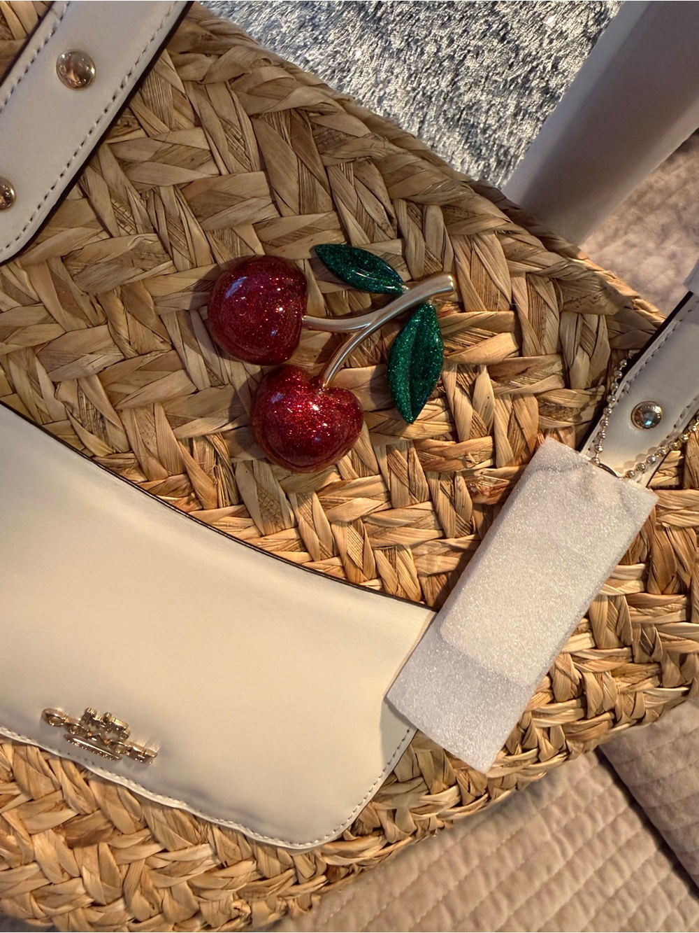 COACH Large Straw Basket Tote with Cherry Charm Natural Chalk Leather RARE NWT - Picture 9 of 11